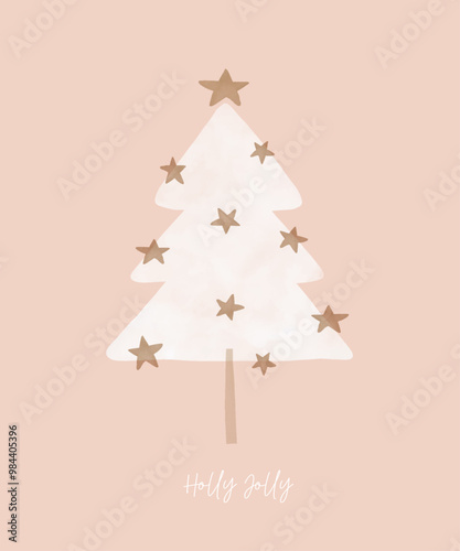 Christmas Vector Card. White Christmas Tree with Gold Star and "Holly Jolly" Wishes on a Blush Pink Background. Hand Drawn Infantile Style Spruce Tree and Tiny Stars. Xmas Card.Winter Holidays Print. 
