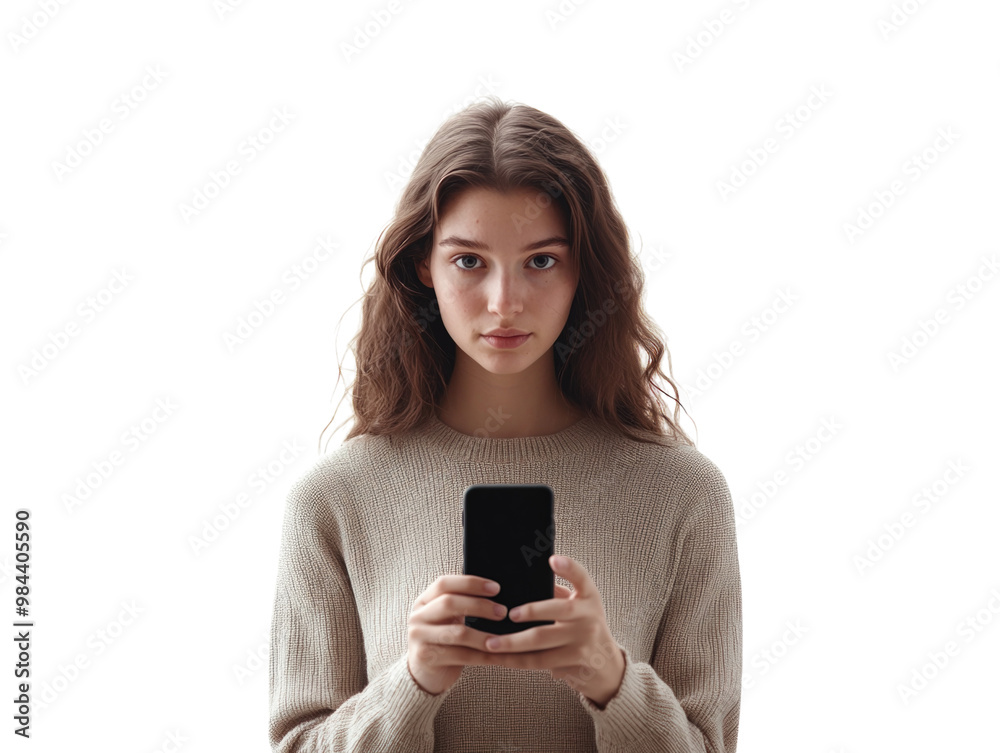 Young woman holding phone, looking confused or puzzled, isolated on white background. PNG transparent. Young woman holding phone, looking confused or puzzled, isolated on white background. PNG transparent.