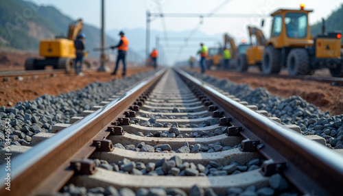 High-speed rail construction showcases dynamic work and coordination under sunny skies.