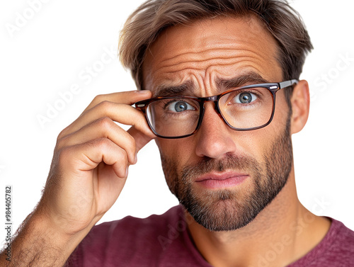 Man squinting, adjusting glasses with a confused expression, isolated on white background. PNG transparent.