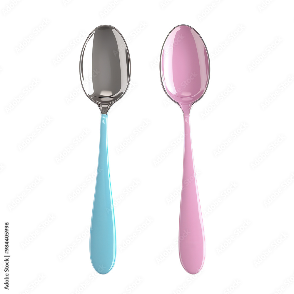 A vibrant pair of colorful spoons, featuring a shiny silver spoon and a pastel pink spoon against a clean background., isolated on a transparent background. A vibrant pair of colorful spoons, featuring a shiny silver spoon and a pastel pink spoon against a clean background., isolated on a transparent background.
