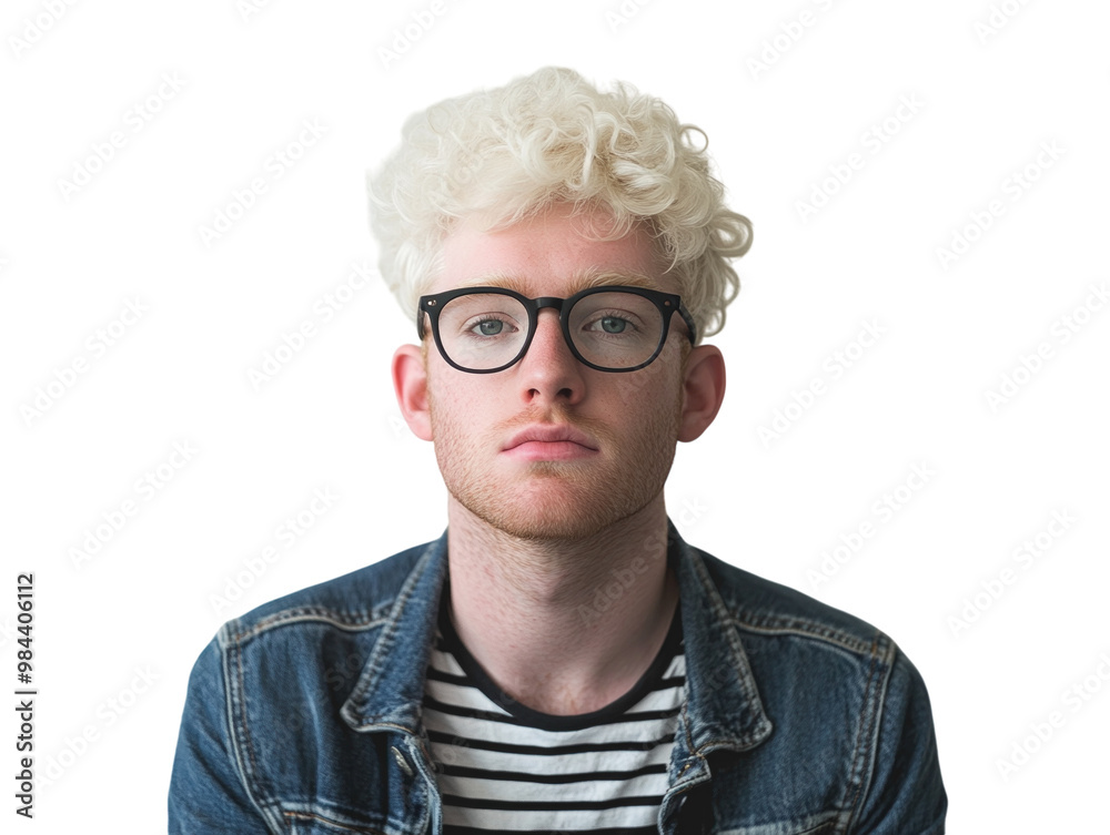 Albino man with glasses, curly hair, wearing striped shirt and denim jacket, isolated on white. PNG transparent. Albino man with glasses, curly hair, wearing striped shirt and denim jacket, isolated on white. PNG transparent.
