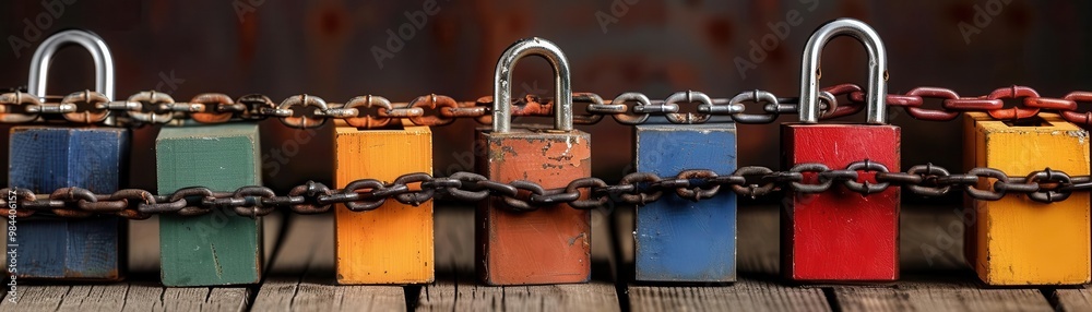 A shipping dock locked down by heavy chains and padlocks, shipping freeze, trade blockade visual A shipping dock locked down by heavy chains and padlocks, shipping freeze, trade blockade visual