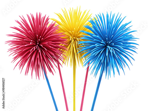 Colorful fireworks exploding in the sky, bright and vibrant display, isolated on white background.  PNG transparent.