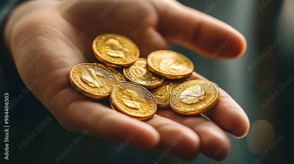 he close-up of a hand holding gold coins is a favorite for investment blogs. he close-up of a hand holding gold coins is a favorite for investment blogs.