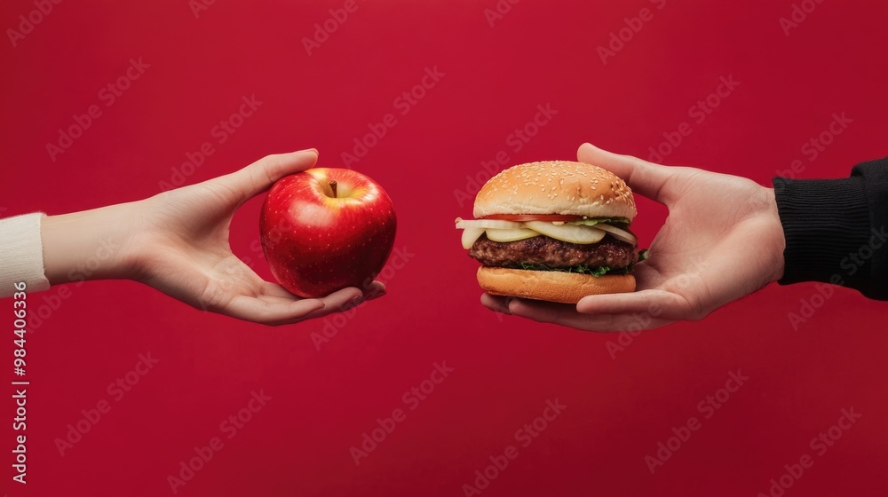 A woman's hand holding an apple and a man's hands holding a burger on an isolated red background. A woman's hand holding an apple and a man's hands holding a burger on an isolated red background.
