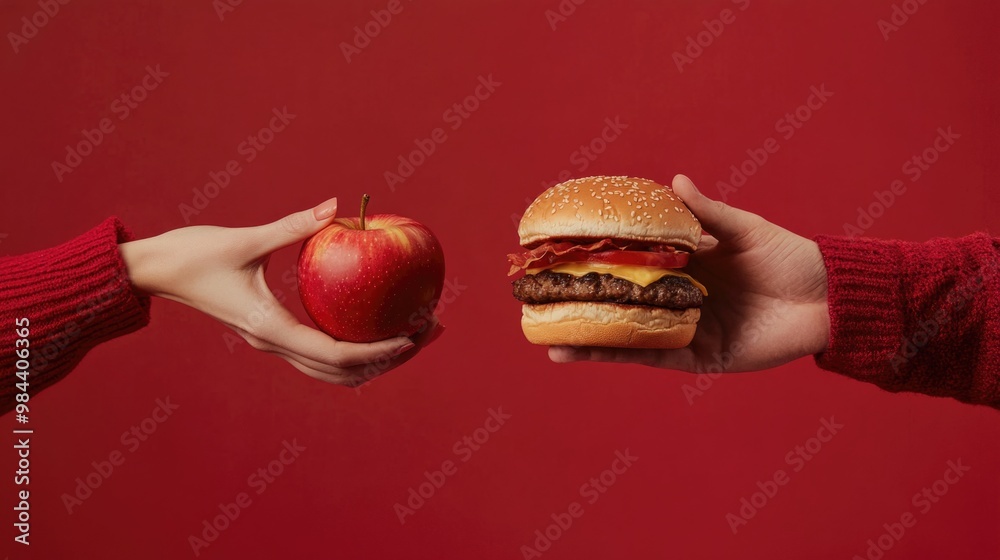 A woman's hand holding an apple and a man's hands holding a burger on an isolated red background. A woman's hand holding an apple and a man's hands holding a burger on an isolated red background.
