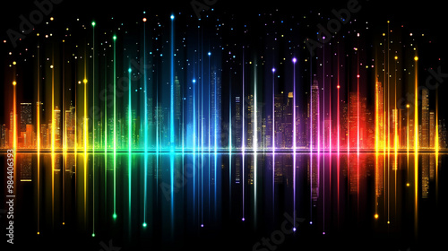 Vibrant digital soundwave visual with colorful bars and reflections, perfect for music, technology, and creative designs. photo