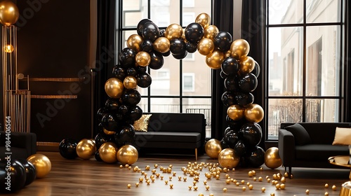 A New Year's themed balloon garland in black and gold, creating an arch with balloons of various sizes on the floor