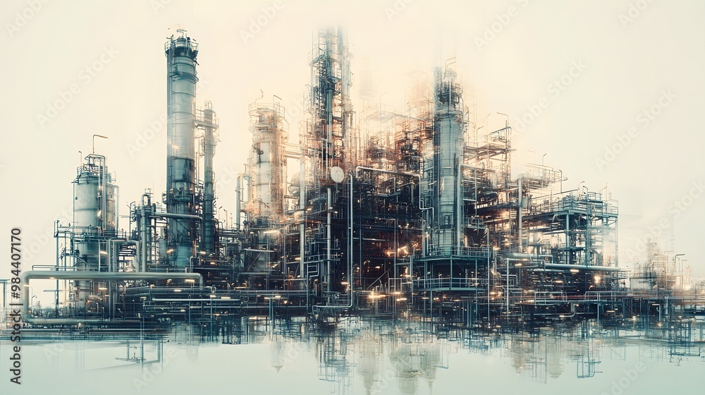 Obraz premium A blurry image of a large industrial plant with many pipes and tanks. The image has a sense of motion and chaos, as if it were captured in a time-lapse. Scene is one of industrial activity