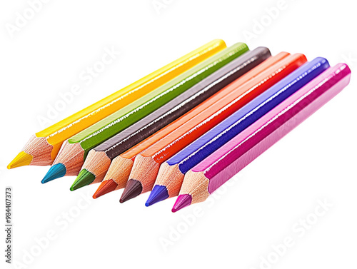 Vibrant colored pencils neatly arranged in a row, sharp tips, isolated on white background.  PNG transparent. photo