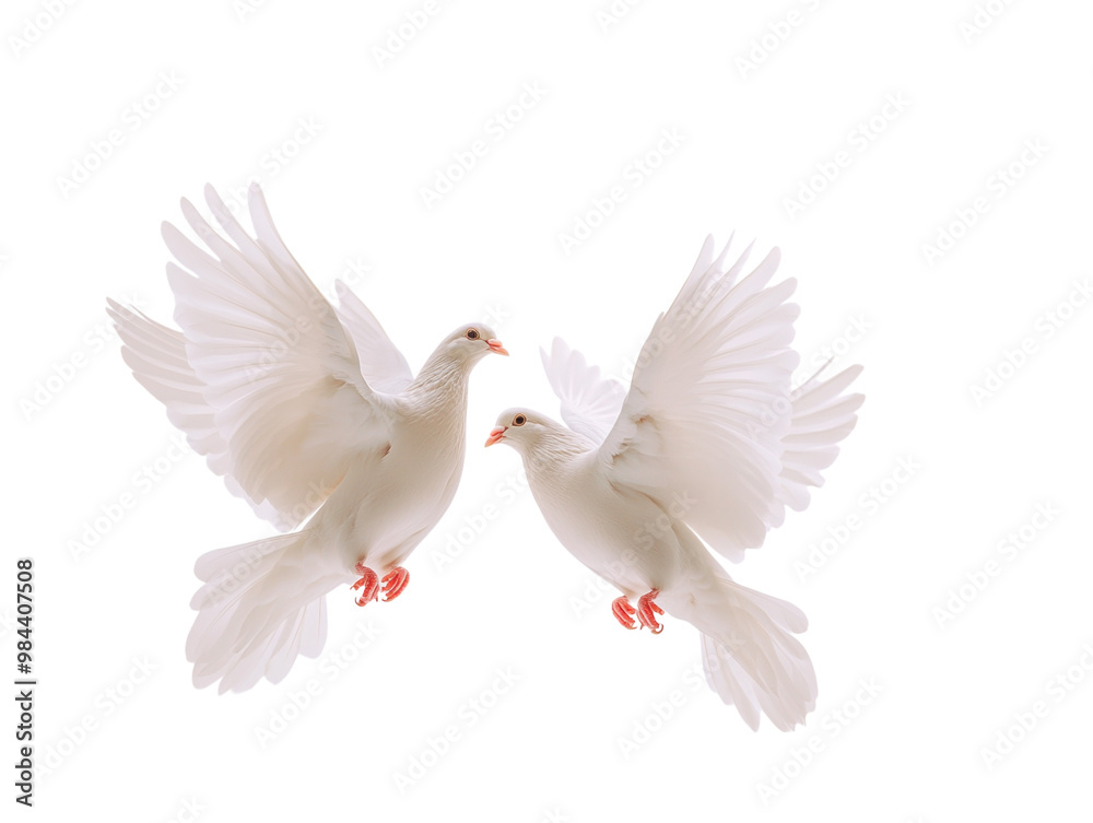Two white doves holding flowers in flight, isolated against a clean white background. PNG transparent. Two white doves holding flowers in flight, isolated against a clean white background. PNG transparent.