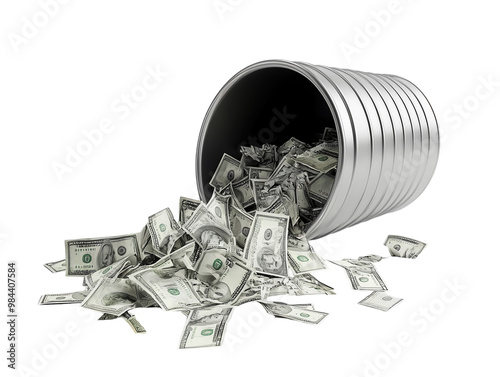 Crumpled dollar bills spilling out from a metal trash bin, isolated on white background.  PNG transparent.