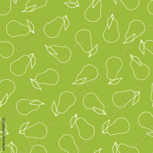 Seamless vector pattern white pear-shaped outline tossed on brat green background. Summer fruits