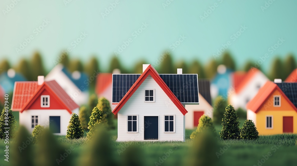 Ecofriendly homes, solarpaneled houses in a community, 3D illustration Ecofriendly homes, solarpaneled houses in a community, 3D illustration