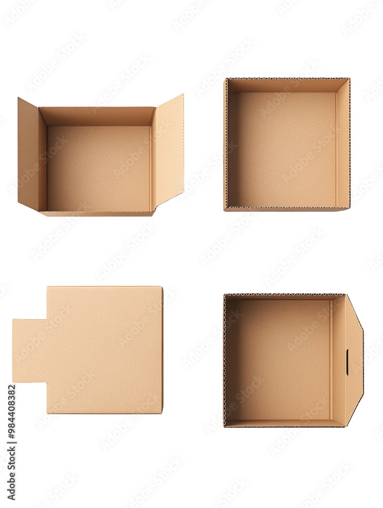 Three brown cardboard boxes, open and isolated on a white background. PNG transparent. Three brown cardboard boxes, open and isolated on a white background. PNG transparent.