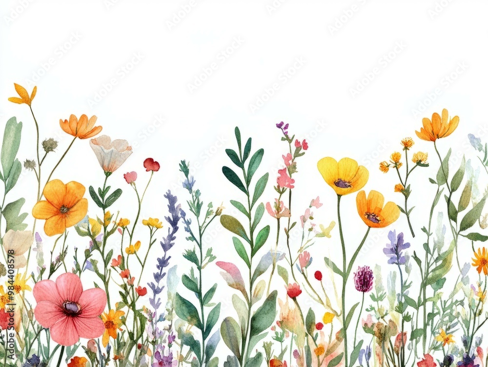A vibrant collection of wildflowers in watercolor, showcasing a variety of colors and shapes, perfect for spring decor projects.
