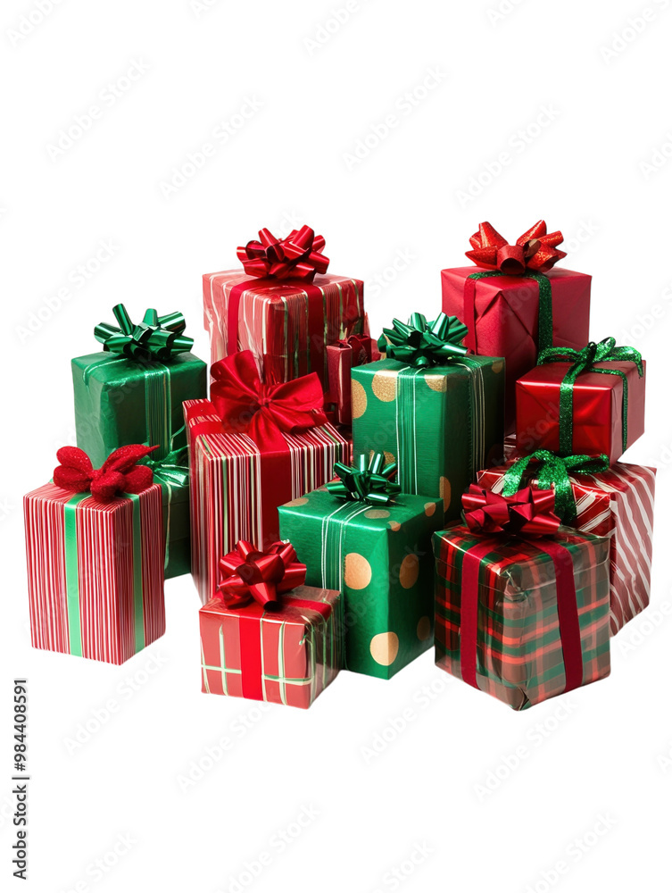 Stack of Christmas presents wrapped with red and green ribbons, isolated on a white background. PNG transparent. Stack of Christmas presents wrapped with red and green ribbons, isolated on a white background. PNG transparent.