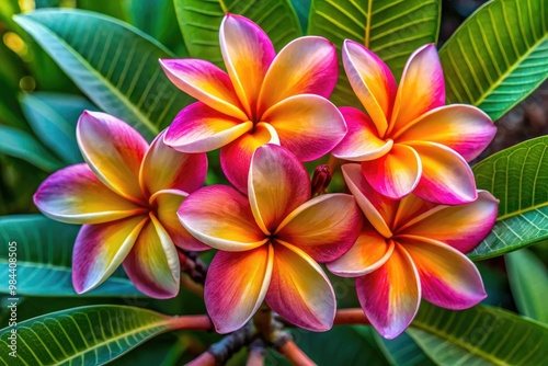 In the heart of Hawaii's tropical paradise, the vibrant plumeria blossom unfurls its five overlapping petals, a testament to the islands' breathtaking beauty.