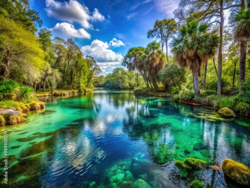 In the heart of Florida, a tranquil spring gushes forth from the earth, surrounded by lush vegetation and primeval rock formations, steeped in natural beauty.