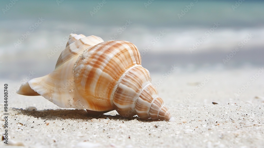 A beautiful shell image on a sandy beach. The shell has unique colors and patterns. It lies on the beach, surrounded by grains of sand A beautiful shell image on a sandy beach. The shell has unique colors and patterns. It lies on the beach, surrounded by grains of sand