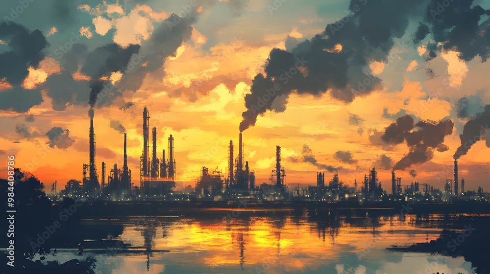 A painting of a city with a large industrial area and a large body of water. The sky is orange and the water is calm A painting of a city with a large industrial area and a large body of water. The sky is orange and the water is calm
