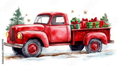 Red watercolour Christmas truck with gifts