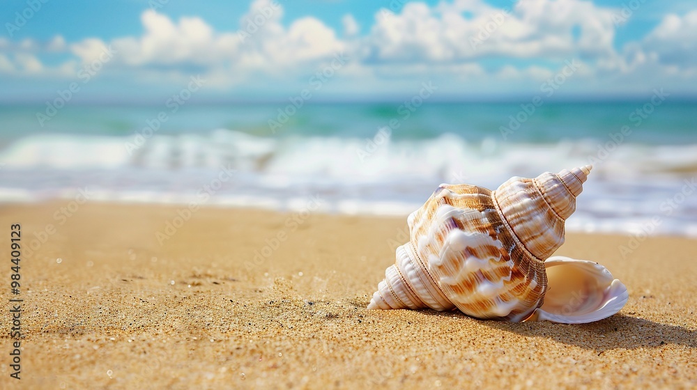A beautiful shell image on a sandy beach. The shell has unique colors and patterns. It lies on the beach, surrounded by grains of sand A beautiful shell image on a sandy beach. The shell has unique colors and patterns. It lies on the beach, surrounded by grains of sand