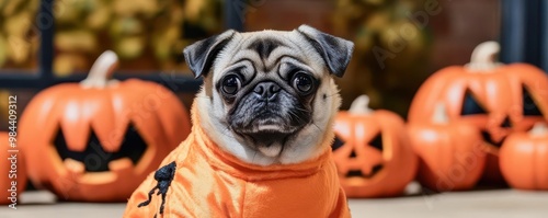 Pug in a pumpkin costume with carved pumpkins in the background, Halloween dog, festive pet portrait