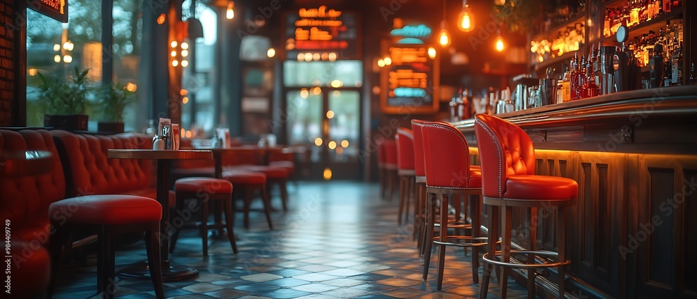 Empty bar stools at a dimly lit pub with red booths and a wooden bar. Empty bar stools at a dimly lit pub with red booths and a wooden bar.