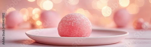 Soft pink mochi on pastel plate with warm bokeh lights in the background