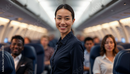 Stylish flight attendant portrait in an airplane cabin showcases modern airline service.