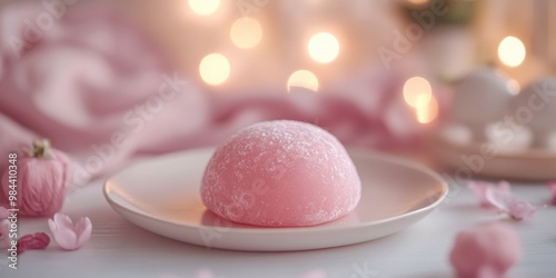 Soft pink mochi on pastel plate with warm bokeh lights in the background