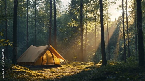 Sunlit tent in a forest glade at dawn