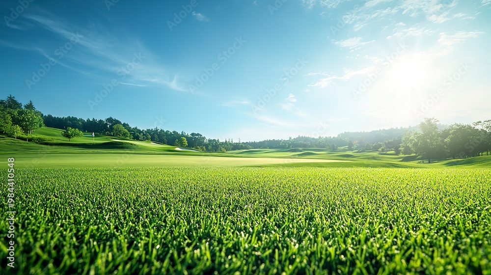 Summer background with a vibrant green golf course and a clear blue sky: Fresh and inviting, ideal for a summer golfing scene Summer background with a vibrant green golf course and a clear blue sky: Fresh and inviting, ideal for a summer golfing scene