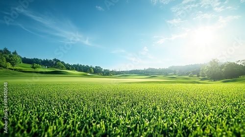 Summer background with a vibrant green golf course and a clear blue sky: Fresh and inviting, ideal for a summer golfing scene 