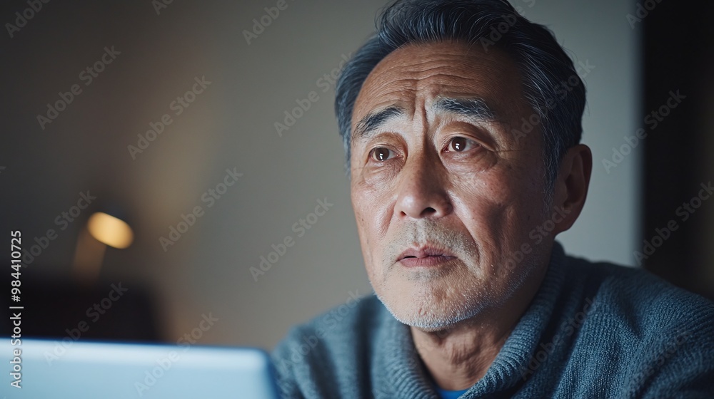 Fototapeta premium Elderly Man Deep in Thought While Working on Laptop at Home