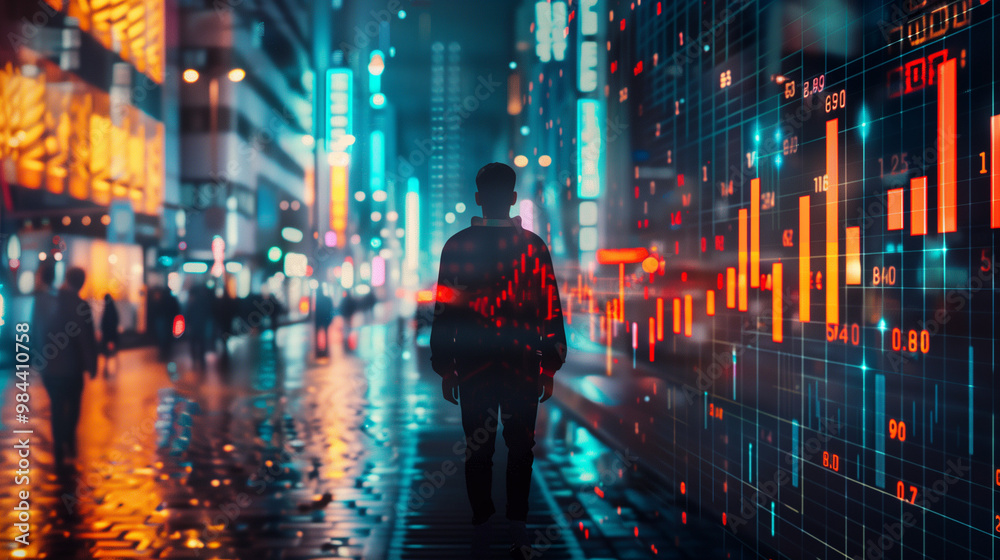 Person silhouette in neon-lit urban street with overlaid stock market data. Futuristic cityscape blending with financial information. Digital economy concept Person silhouette in neon-lit urban street with overlaid stock market data. Futuristic cityscape blending with financial information. Digital economy concept