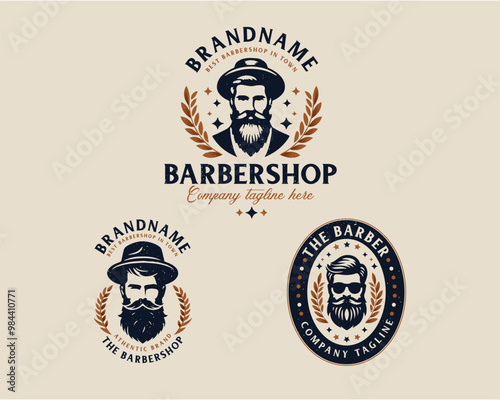 Set bundle vintage barbershop gentleman beard and mustache logo for business company
