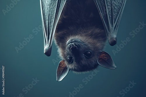 Bat hanging upside down on dark background close up. Halloween vampire character photo