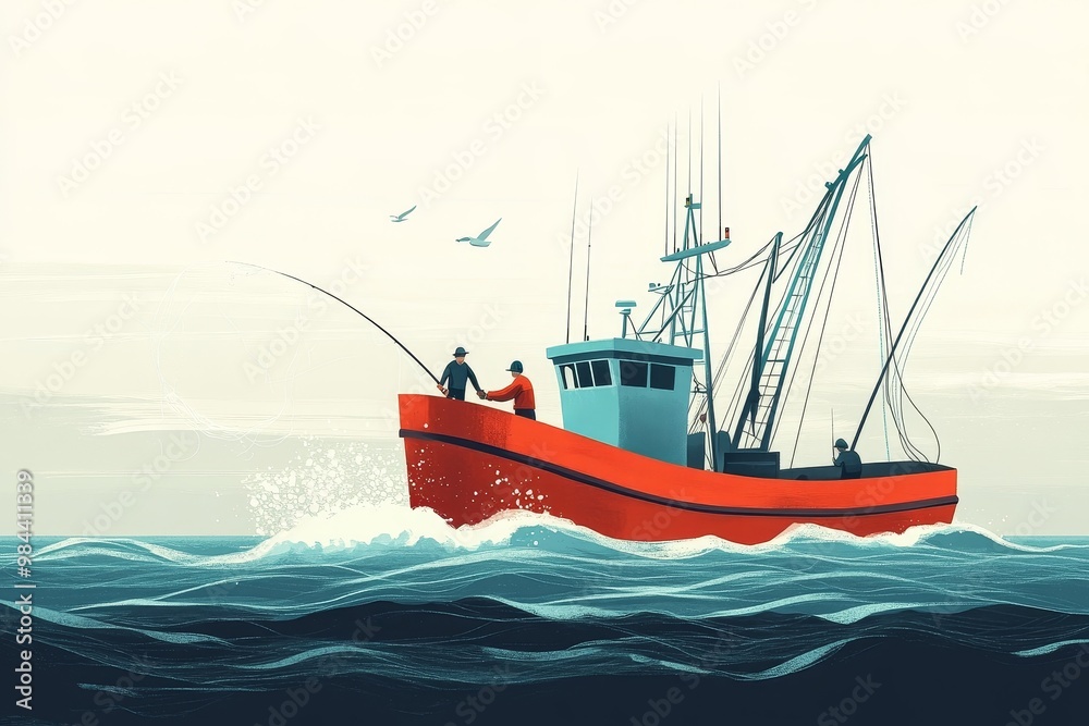 Obraz premium Fishing Industry: Professional Fishermen Casting Nets Aboard Vessel in 2D Illustration