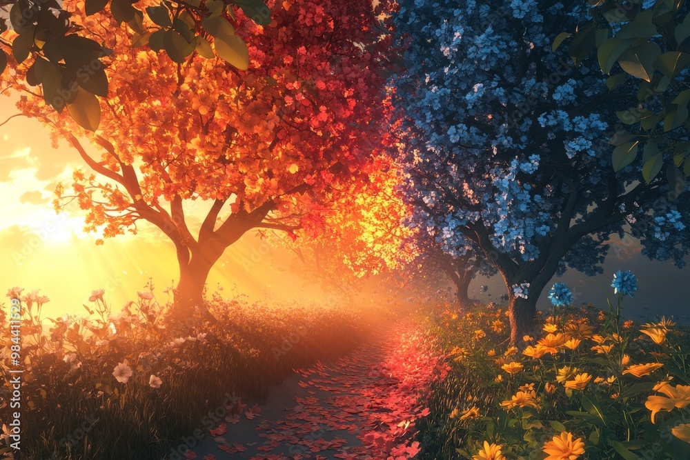 Seasonal Transition: 3D-Rendered Artwork Celebrating Winter Solstice, Spring Equinox, Summer Solstice, and Autumn Equinox with Copy Space for Text Seasonal Transition: 3D-Rendered Artwork Celebrating Winter Solstice, Spring Equinox, Summer Solstice, and Autumn Equinox with Copy Space for Text