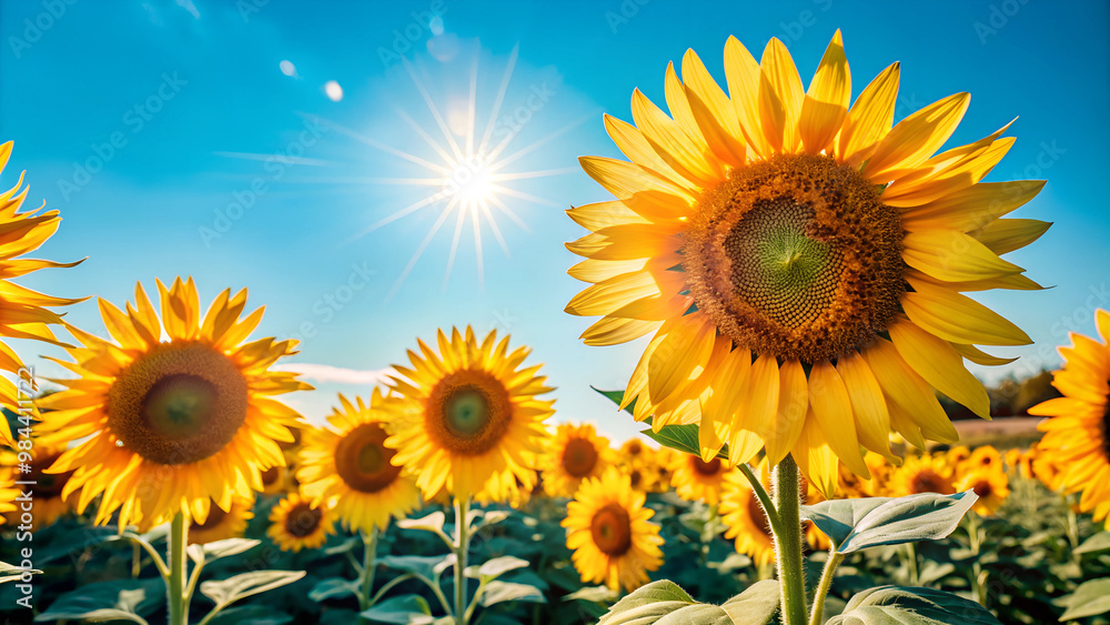 Fototapeta premium A field of tall, bright yellow sunflowers in full bloom, stretching towards a clear blue sky