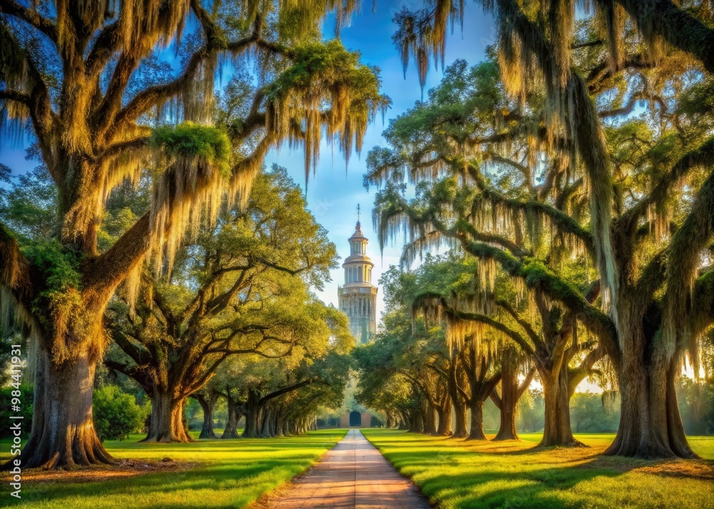 Majestic oaks, their gnarled branches draped with Spanish moss, stand sentinel over rolling hills and tranquil wetlands in southern Florida's timeless landscape. Majestic oaks, their gnarled branches draped with Spanish moss, stand sentinel over rolling hills and tranquil wetlands in southern Florida's timeless landscape.
