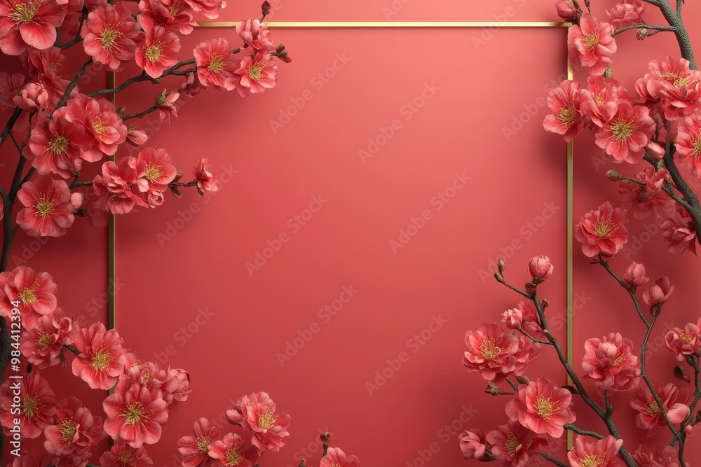 Elegant Chinese New Year Greeting Card Template with Gold Frame, 3D Flowers, and Traditional-modern Blend | Copy Space for Text Elegant Chinese New Year Greeting Card Template with Gold Frame, 3D Flowers, and Traditional-modern Blend | Copy Space for Text