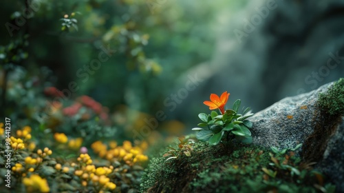 A small orange flower blooming on a moss-covered rock in a lush green forest