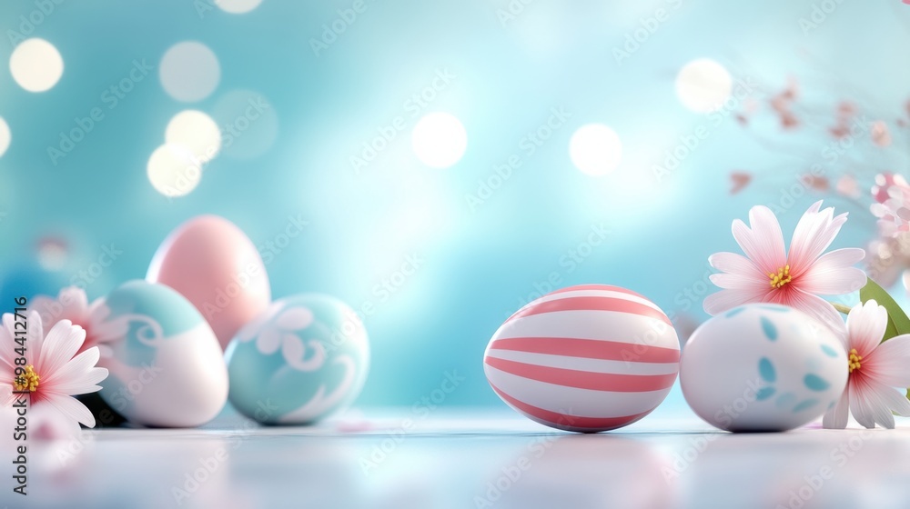 Pastel Easter Eggs and Daisies on Soft Blue Background