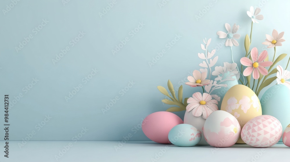 Pastel Easter Eggs and Flowers on Mint Green Background Pastel Easter Eggs and Flowers on Mint Green Background