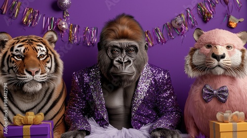 Unique party scene featuring a dressed-up gorilla flanked by a tiger and a lion, set against a vibrant purple backdrop.