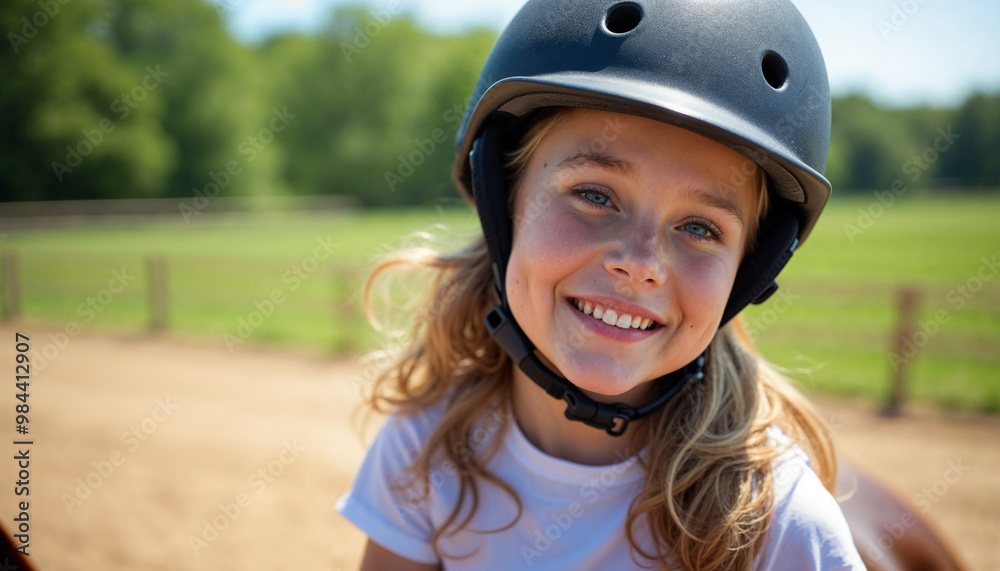 Happy young girl riding a horse in a sunny equestrian arena during her lesson.
Happy young girl riding a horse in a sunny equestrian arena during her lesson.